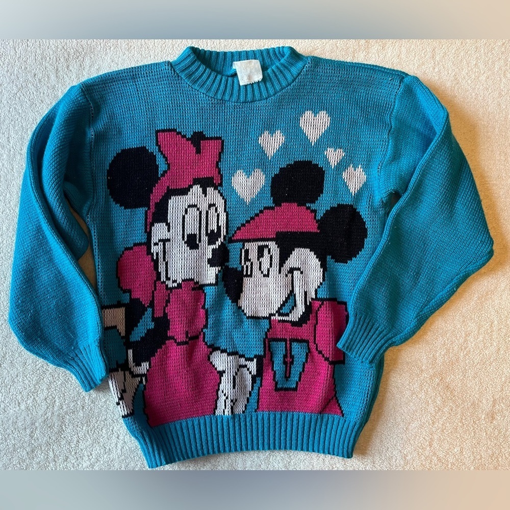 Vintage Mickey Minnie Mouse Varsity Sweater, blue pink. Youth size 8-10